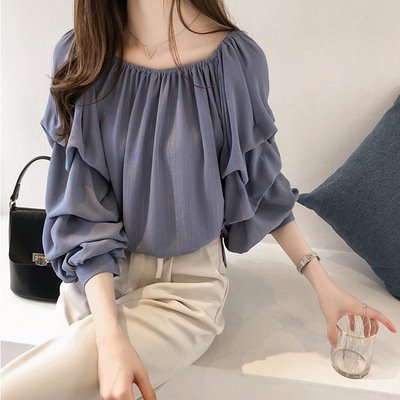 Korean version of one-shoulder off-shoulder loose chiffon shirt scheming | 1032 - Image 2