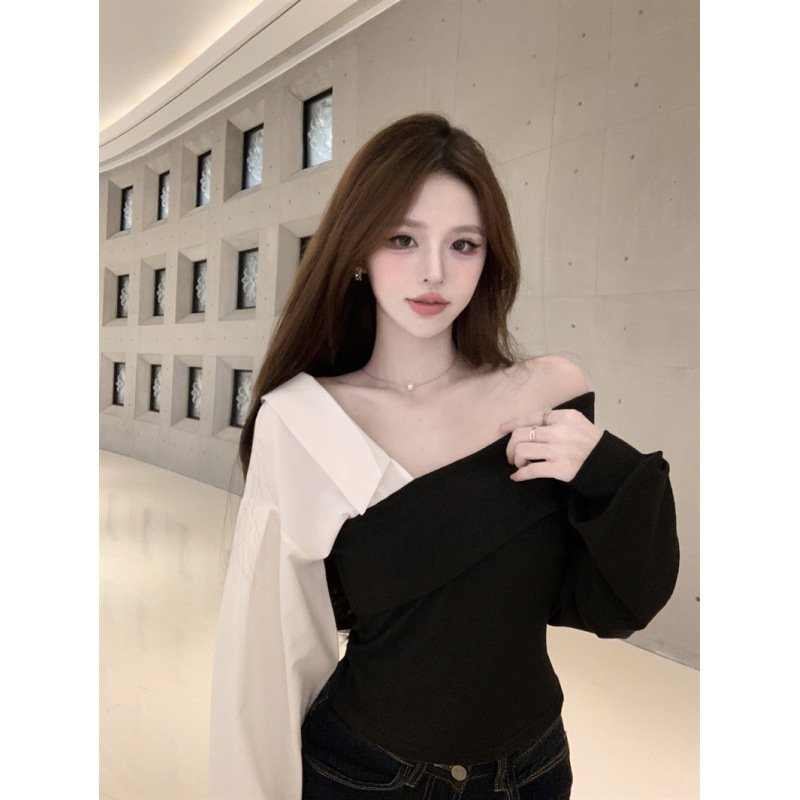 Korean pure desire style oblique collar splicing shirt sleeves slim fit | 1071 - Image 3