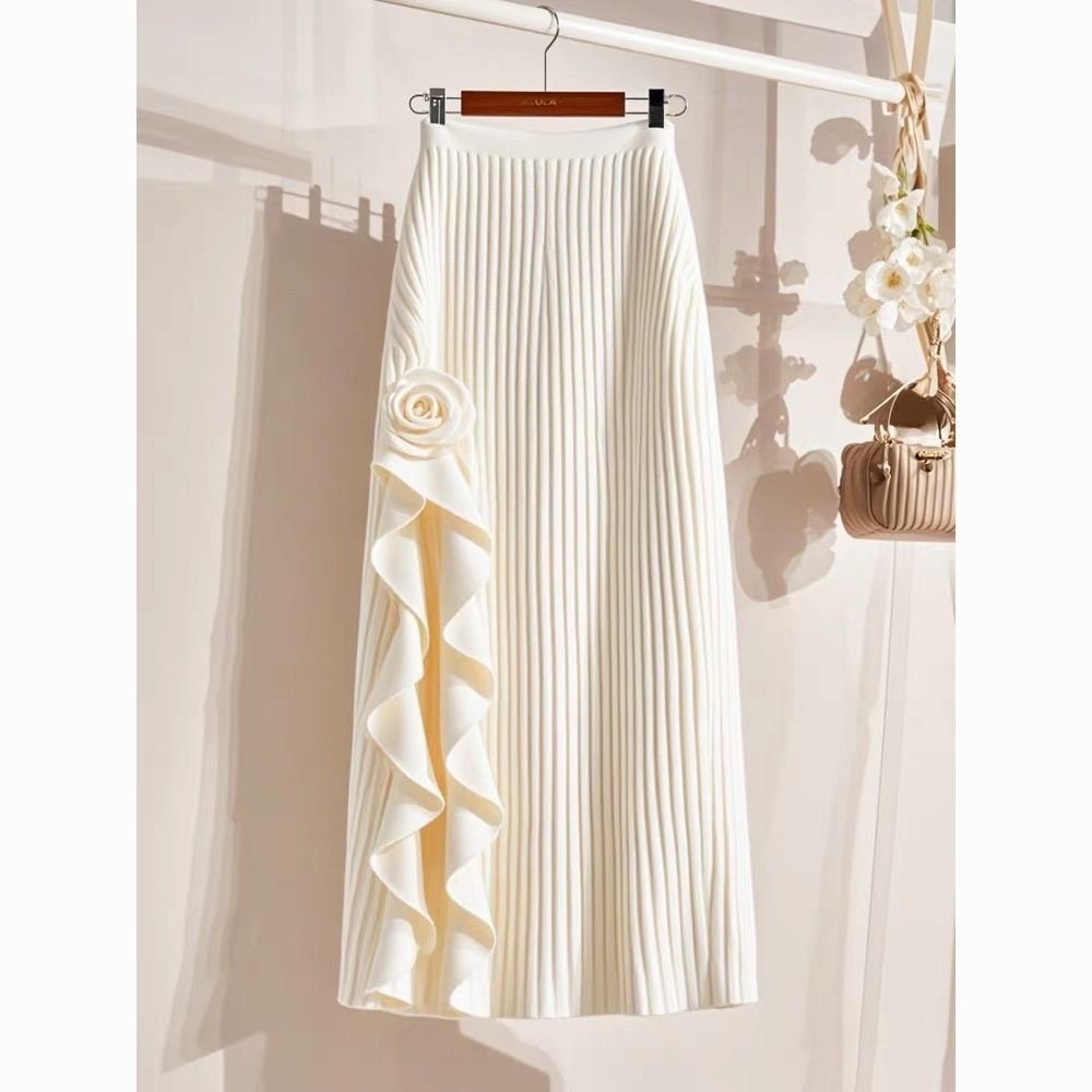 women 2024 autumn and winter new high waist slim milky white mid-length skirt Frech style |1043