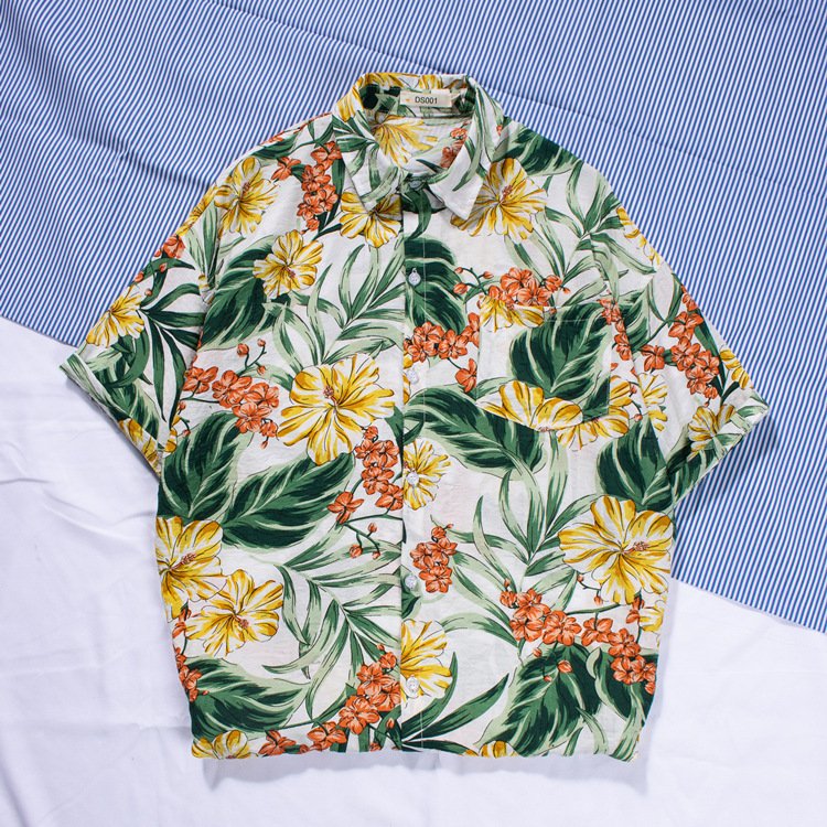 men's beach shirt surfing coconut tree short-sleeved floral shirt cotton | 1034 - Image 3