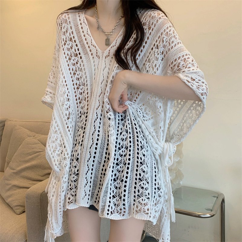 hollow lace V-neck knitted top lazy foreign style medium-length bat sleeve blouse | 1029 - Image 2