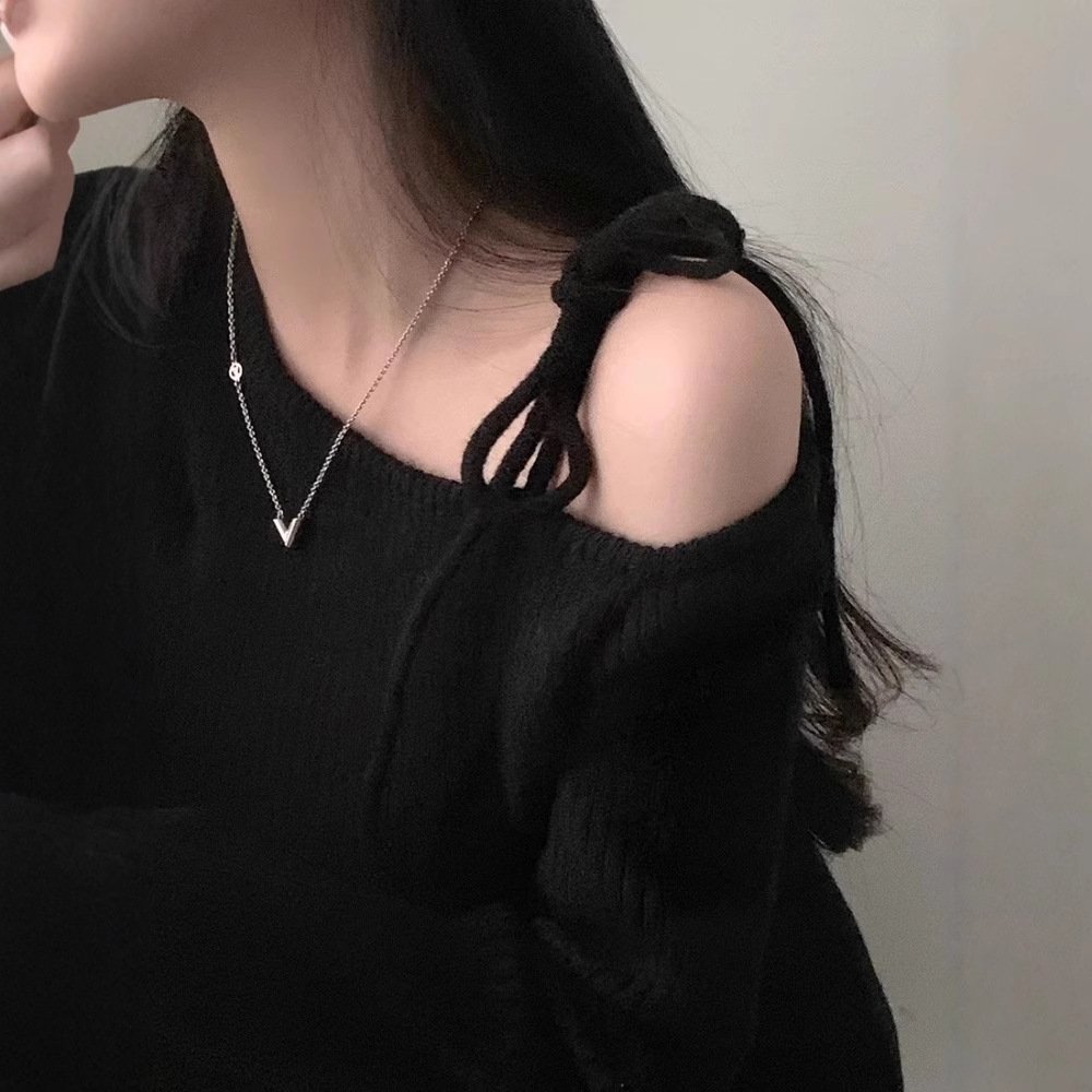 Red one-shoulder tie-knit sweater for women autumn 1066 - Image 4