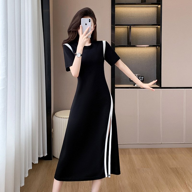 Mid-length skirt Summer daily commuting temperament women's round neck slit waist dress | 1004 - Image 2