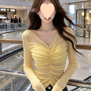 Sweet and Spicy Style Pleated V-neck Mesh Long Sleeve | 1067