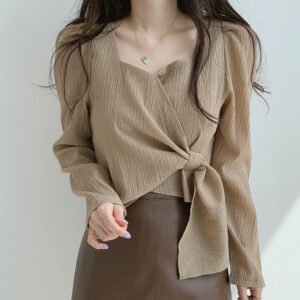 Korean square collar shirt bubble long sleeve straps slim temperament shirt women | 1031