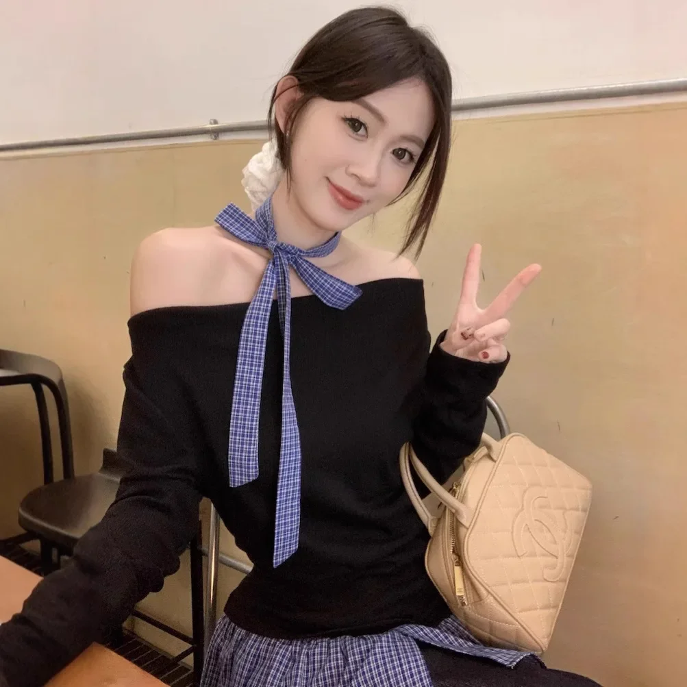 two-piece off-shoulder plaid splicing long-sleeved T-shirt | 1076 - Image 3