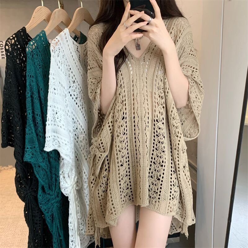hollow lace V-neck knitted top lazy foreign style medium-length bat sleeve blouse | 1029