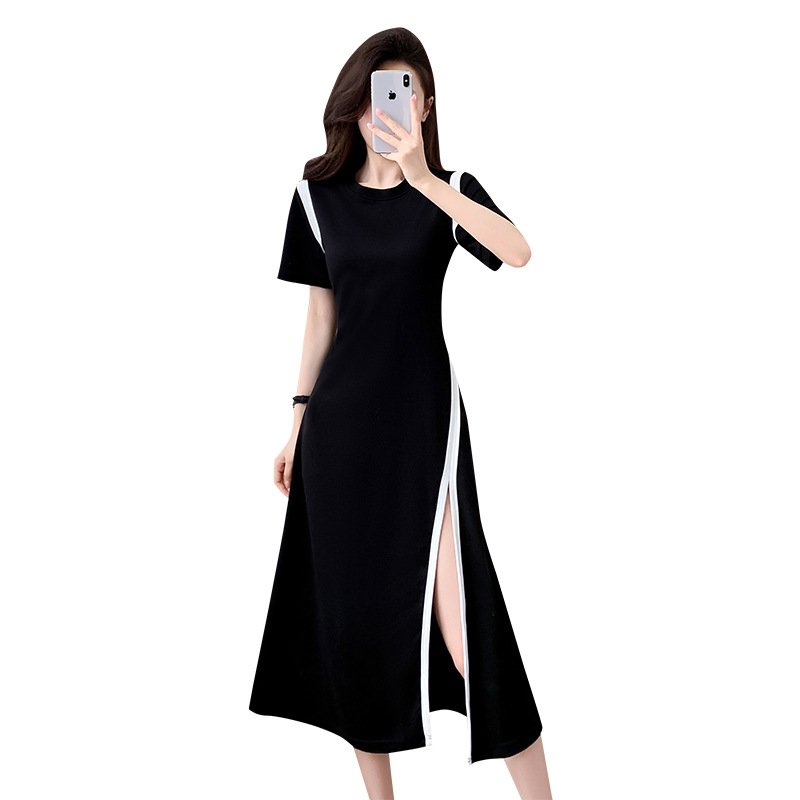 Mid-length skirt Summer daily commuting temperament women's round neck slit waist dress | 1004 - Image 5