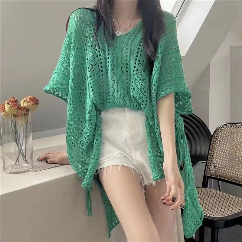 hollow lace V-neck knitted top lazy foreign style medium-length bat sleeve blouse | 1029 - Image 4