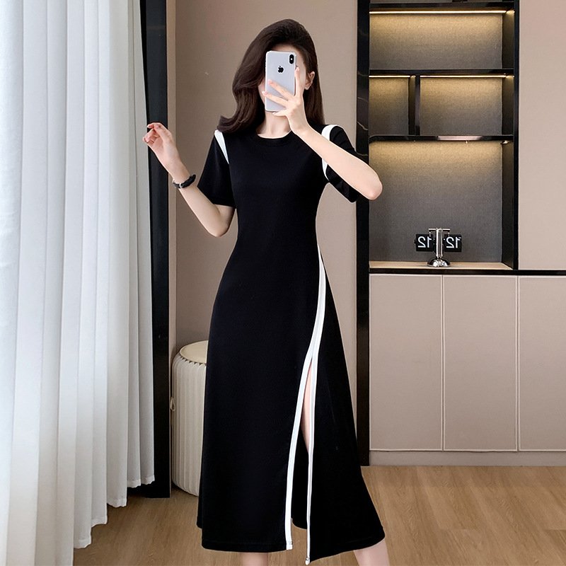 Mid-length skirt Summer daily commuting temperament women's round neck slit waist dress | 1004 - Image 3