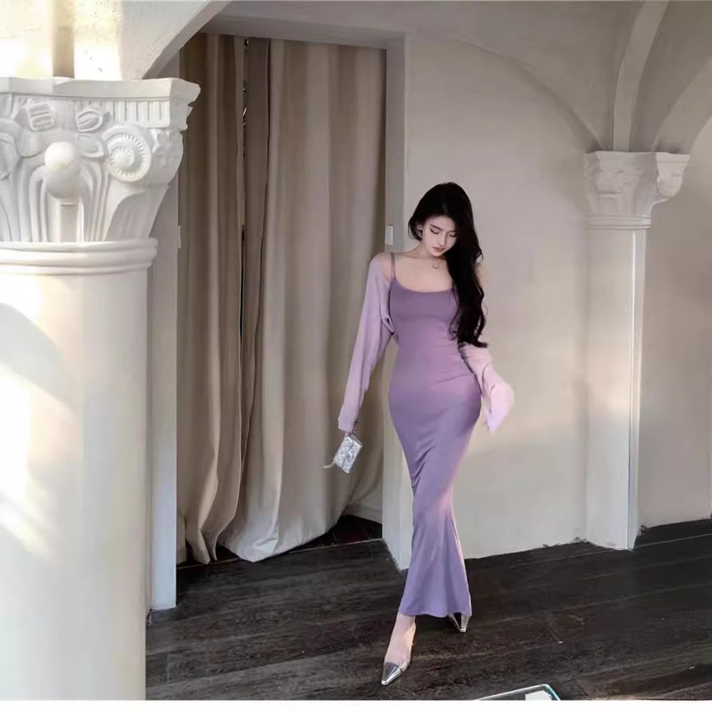 Minimalist Tight Braces Fishtail Dress Dress + Knitted Waistcoat Cardigan | 1061 - Image 3