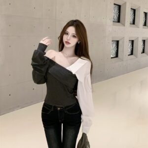 Korean pure desire style oblique collar splicing shirt sleeves slim fit | 1071