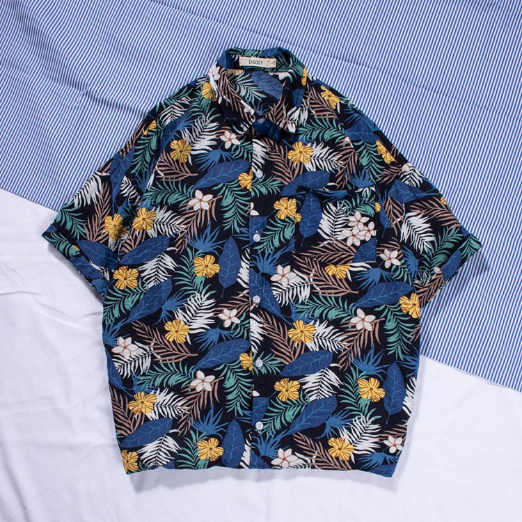 men's beach shirt surfing coconut tree short-sleeved floral shirt cotton | 1034 - Image 4
