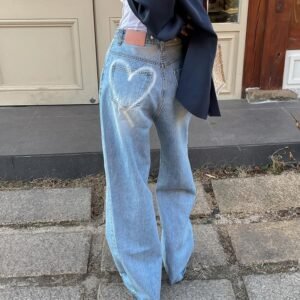 Love Heart Print Design Distressed Drape Wide Leg Washed Jeans | 1081