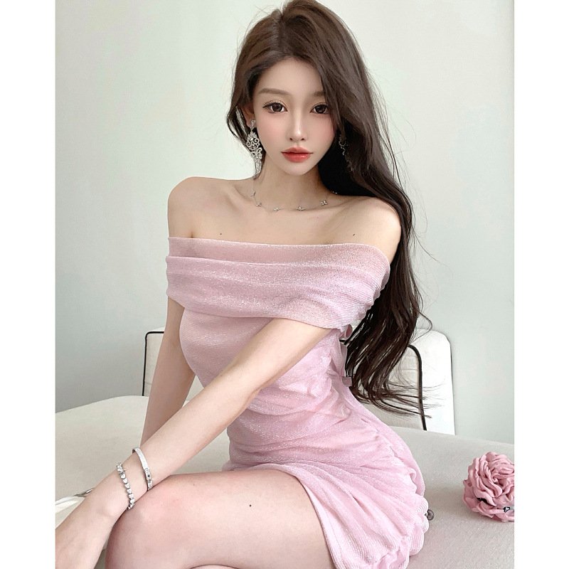 Pure desire hot girl sexy pink one shoulder hip short skirt female niche dress | 1027 - Image 4