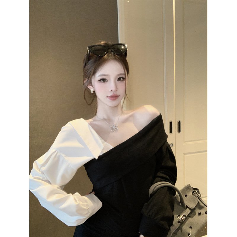 Korean pure desire style oblique collar splicing shirt sleeves slim fit | 1071 - Image 4