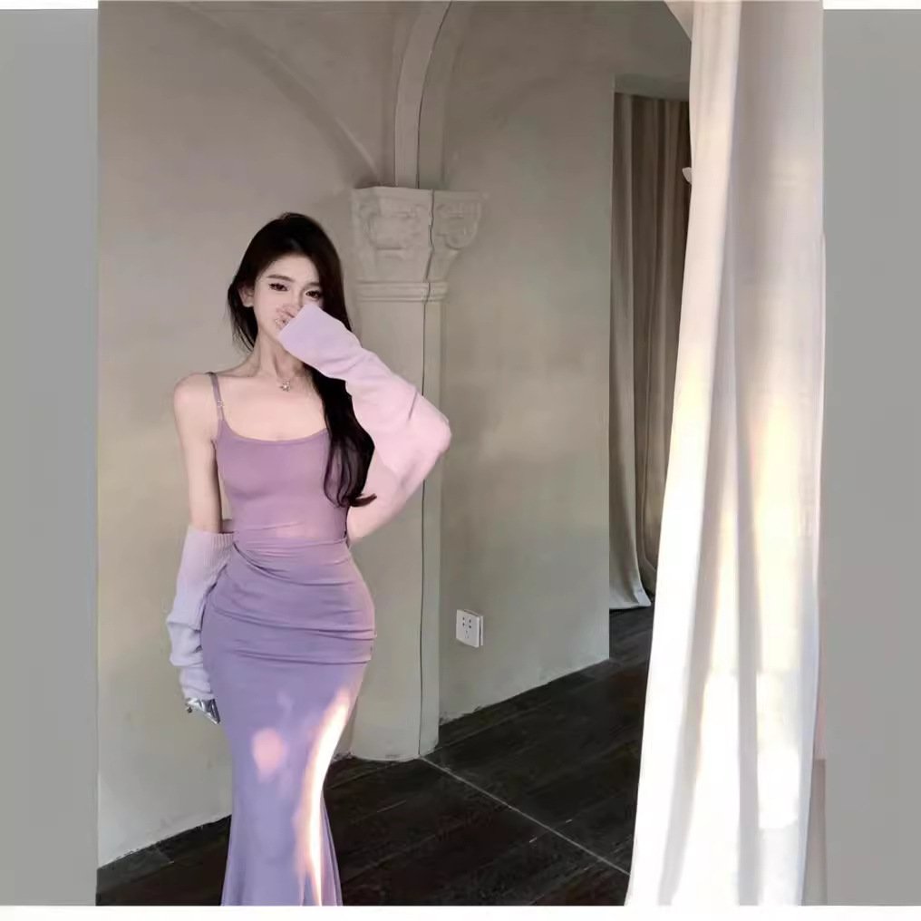 Minimalist Tight Braces Fishtail Dress Dress + Knitted Waistcoat Cardigan | 1061 - Image 2