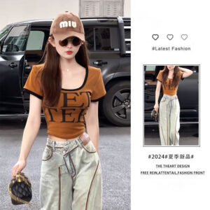 picy short-sleeved high waist design denim wide-leg pants | 1082