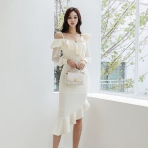 sexy one-shoulder thin strap off-shoulder long-sleeved ruffled asymmetric hip dress | 1026