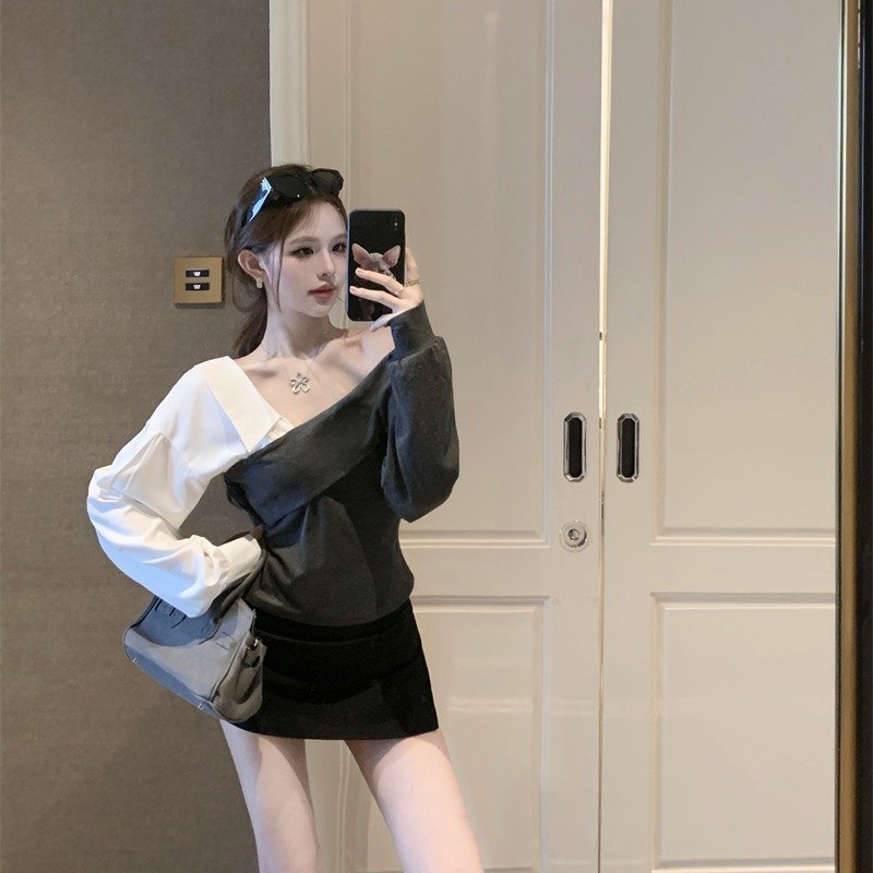 Korean pure desire style oblique collar splicing shirt sleeves slim fit | 1071 - Image 5