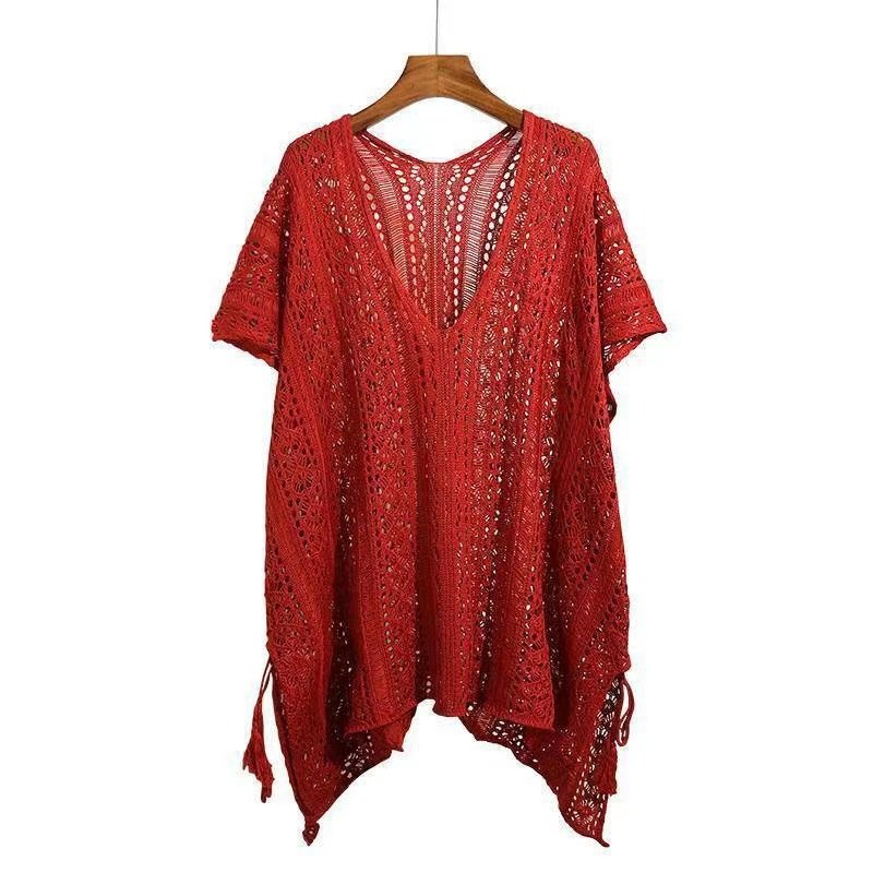 hollow lace V-neck knitted top lazy foreign style medium-length bat sleeve blouse | 1029 - Image 5