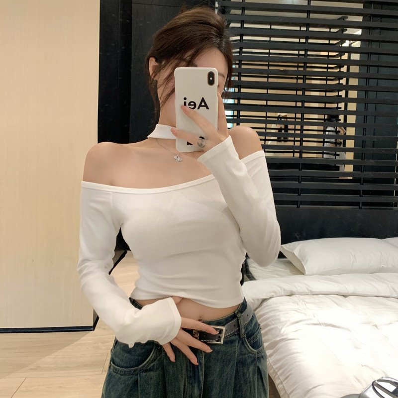 Real Shot Spring 2020 T Shirt New Slim Fit Slimming off-Shoulder Shoulder-Baring Hot Girl Top Short Bottoming Shirt | 1011
