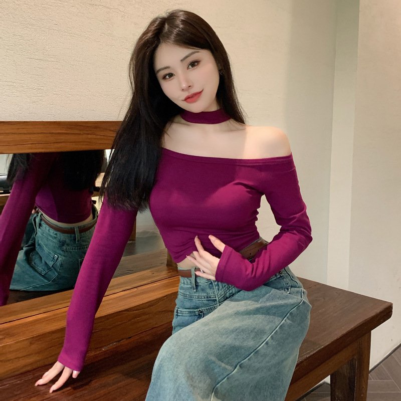 Real Shot Spring 2020 T Shirt New Slim Fit Slimming off-Shoulder Shoulder-Baring Hot Girl Top Short Bottoming Shirt | 1011 - Image 4