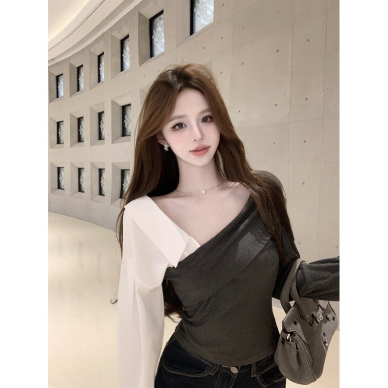 Korean pure desire style oblique collar splicing shirt sleeves slim fit | 1071 - Image 2