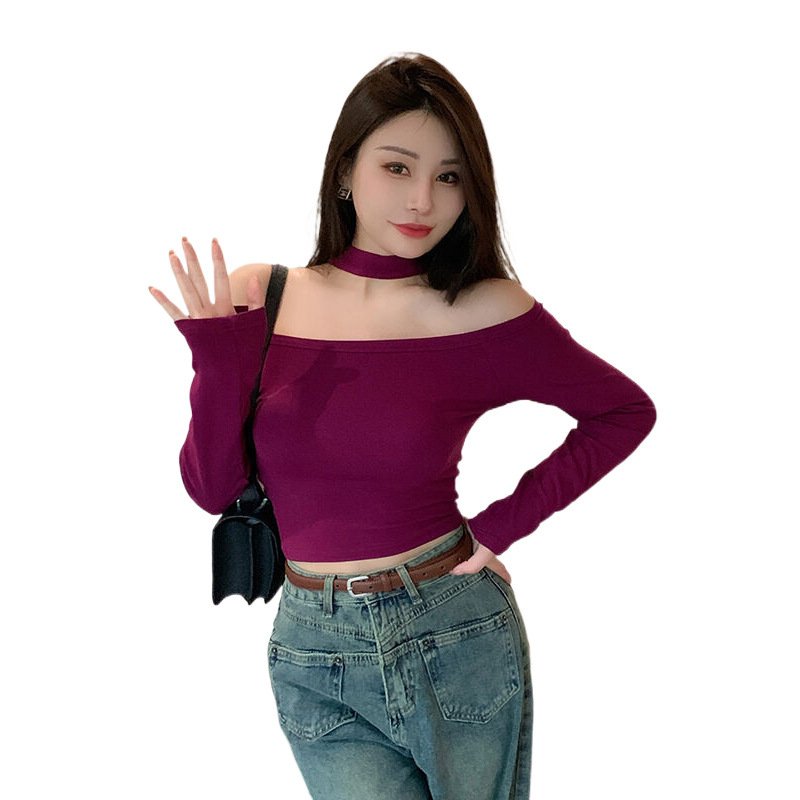 Real Shot Spring 2020 T Shirt New Slim Fit Slimming off-Shoulder Shoulder-Baring Hot Girl Top Short Bottoming Shirt | 1011 - Image 5