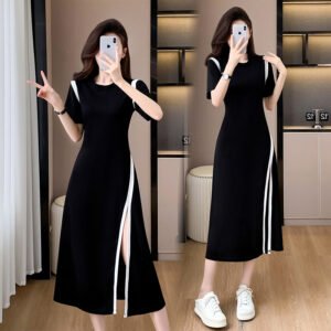 Mid-length skirt Summer daily commuting temperament women's round neck slit waist dress | 1004