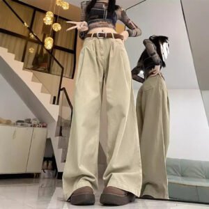 Spring Autumn 2023 American Style High Street Solid Color Jeans Women's Mop Pants Versatile Loose Straight Wide-leg Pants Wholesale