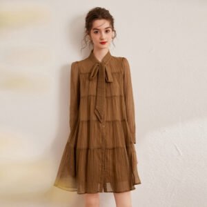 2025 Spring Fashion Lace-up Bow Temperament Texture Long Sleeve Mid-Length Non-Elastic Women's Pleated Dress | 1001