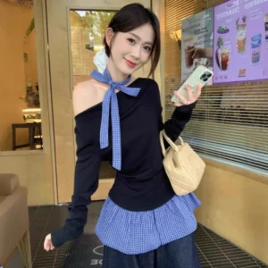 two-piece off-shoulder plaid splicing long-sleeved T-shirt | 1076