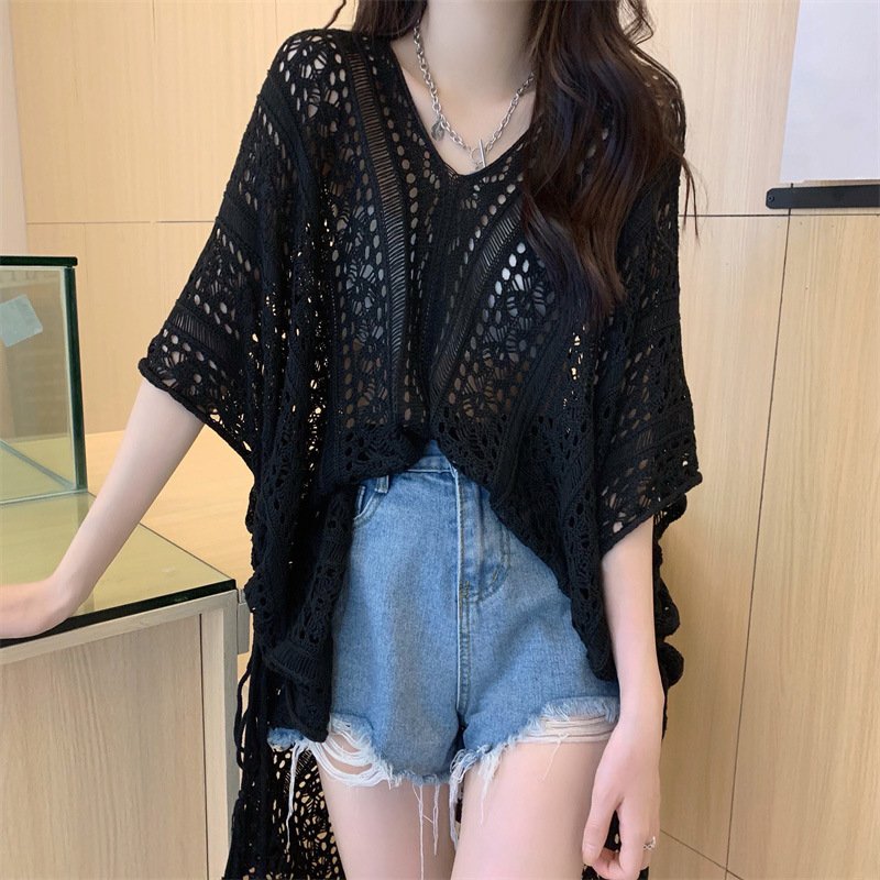 hollow lace V-neck knitted top lazy foreign style medium-length bat sleeve blouse | 1029 - Image 3