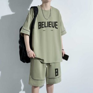 Summer Plus Size Suit Hong Kong Style Vintage Short Sleeve T-Shirt Shorts Casual Sportswear Men's Loose Two-Piece Suit | 1014