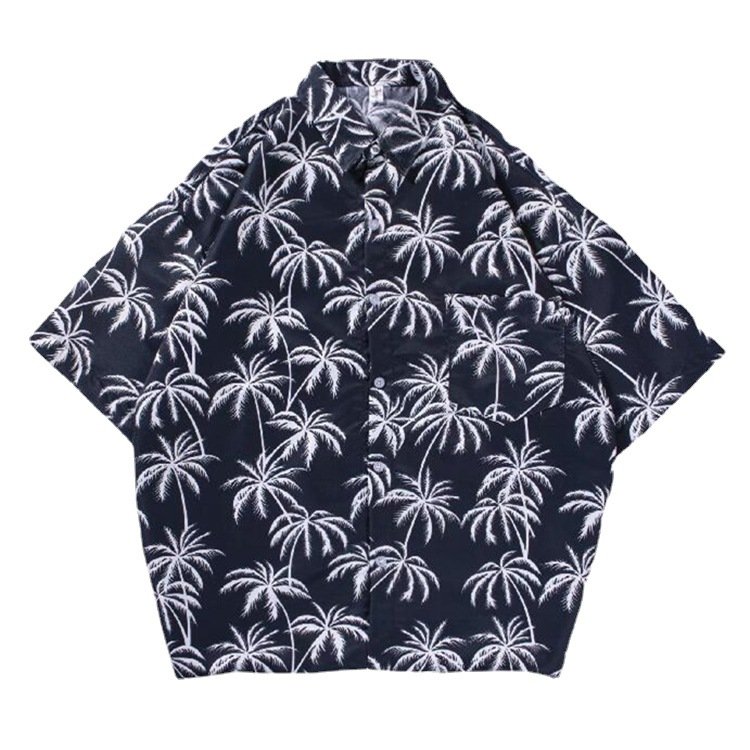 men's beach shirt surfing coconut tree short-sleeved floral shirt cotton | 1034 - Image 5