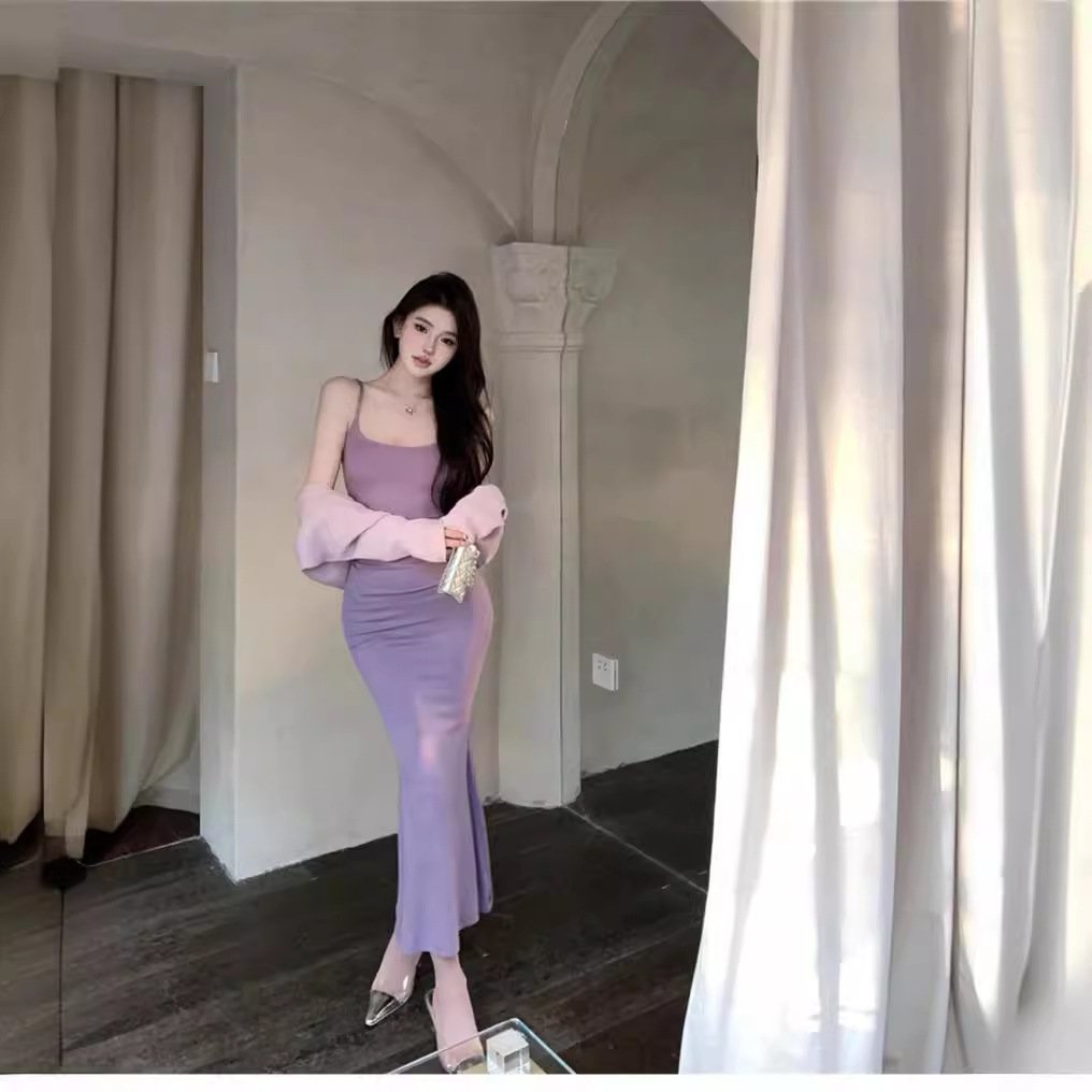 Minimalist Tight Braces Fishtail Dress Dress + Knitted Waistcoat Cardigan | 1061