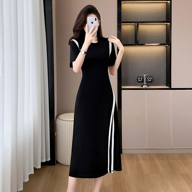 Mid-length skirt Summer daily commuting temperament women's round neck slit waist dress | 1004 - Image 4
