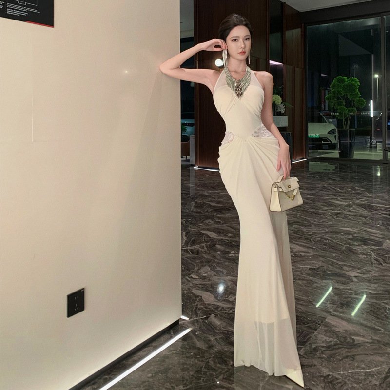 Heavy Beaded Halter Neck Dress Women's Autumn Lace Splicing Long Skirt | 1129 - Image 2