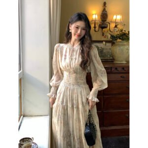 French floral chiffon dress women's spring  | 8007