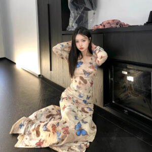 Babes Vintage Butterfly Print Long Sleeve Dress | 8008