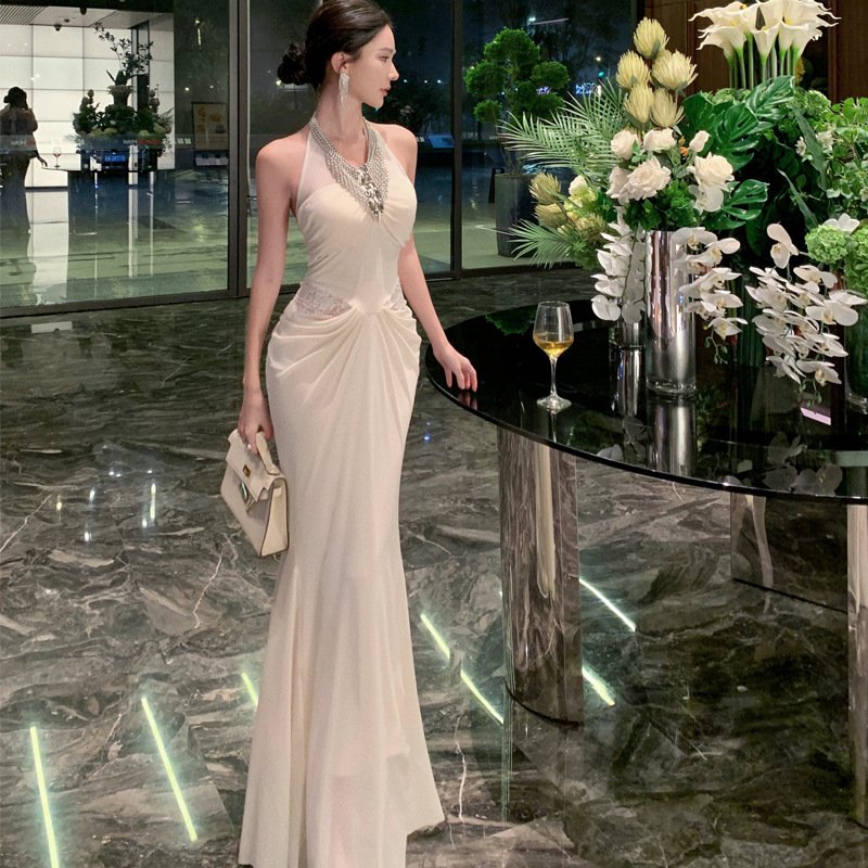 Heavy Beaded Halter Neck Dress Women's Autumn Lace Splicing Long Skirt | 1129 - Image 3