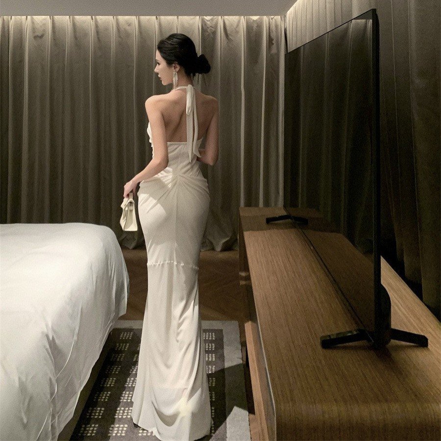 Heavy Beaded Halter Neck Dress Women's Autumn Lace Splicing Long Skirt | 1129 - Image 4