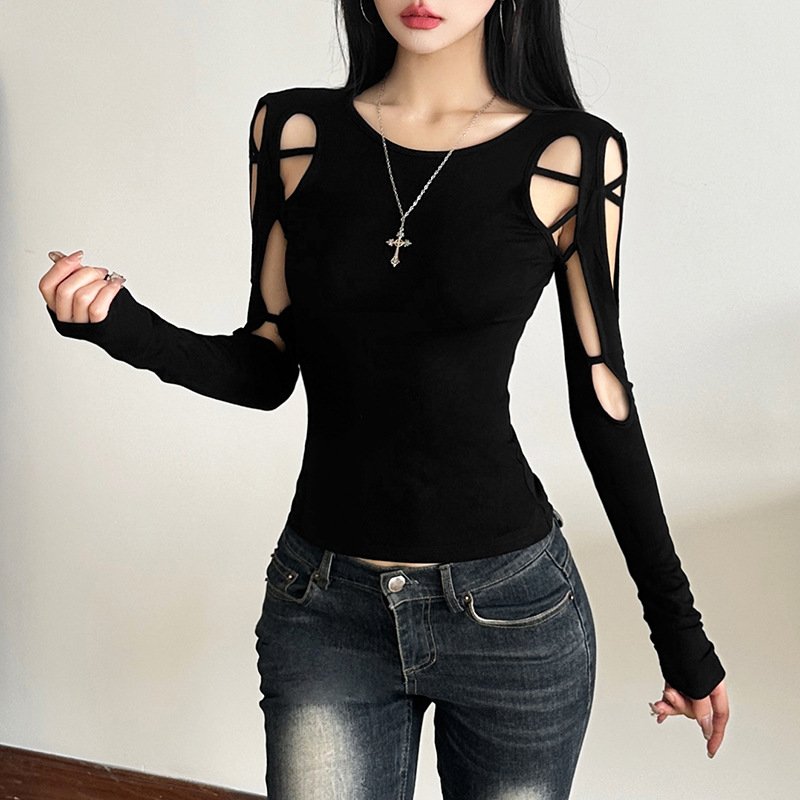 new women's temperament commuter mesh structure hollow solid color trim top | 9010