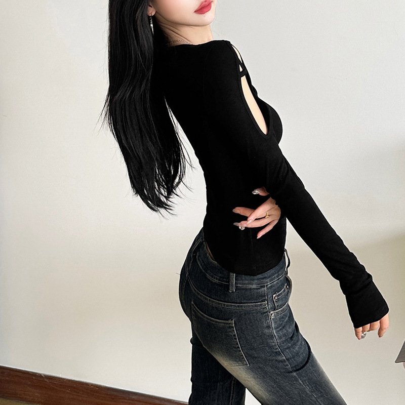 new women's temperament commuter mesh structure hollow solid color trim top | 9010 - Image 4