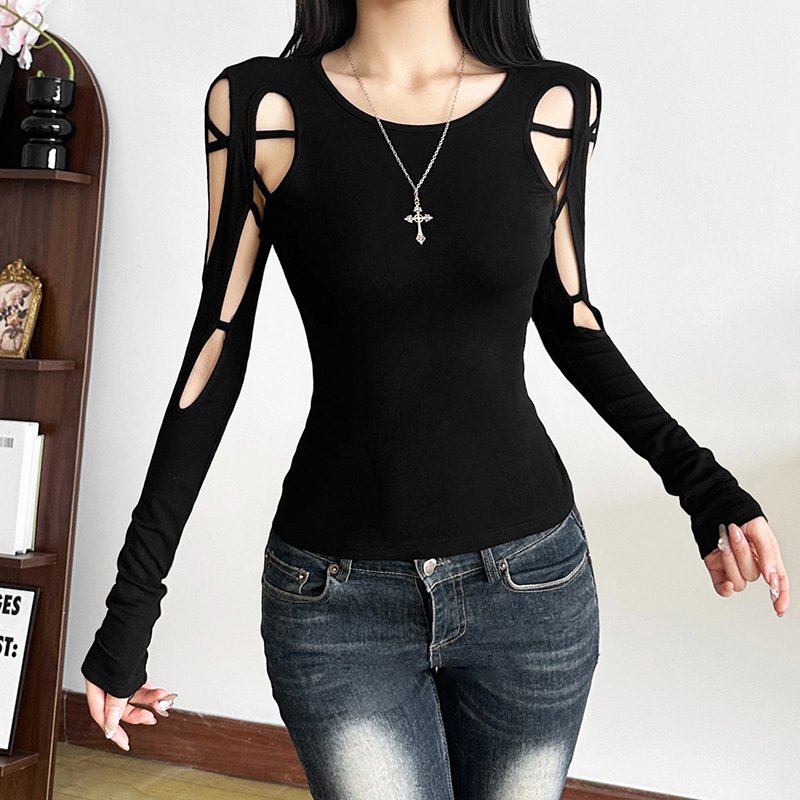 new women's temperament commuter mesh structure hollow solid color trim top | 9010 - Image 2