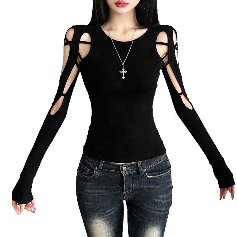 new women's temperament commuter mesh structure hollow solid color trim top | 9010 - Image 5