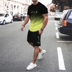3D Digital Printing Simple Letter Gradient T-shirt Two-piece Suit Men | 1121