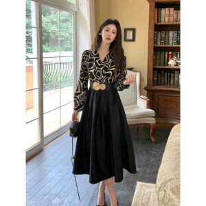 new temperament stitched satin fashion dress with belt | 8009