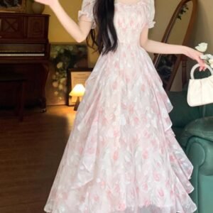 First love, French square neck, romantic floral chiffon dress, | 8020